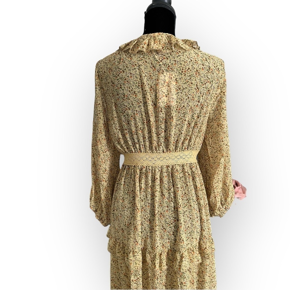 Heyson boho ditsy floral ruffle crochet open long lined kimono mustard medium - Picture 3 of 8